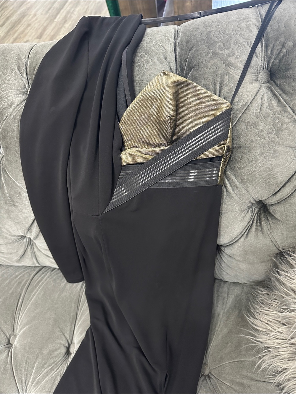 Black Cutout Pencil Dress with Metallic gold Bust - Picture 2 of 7